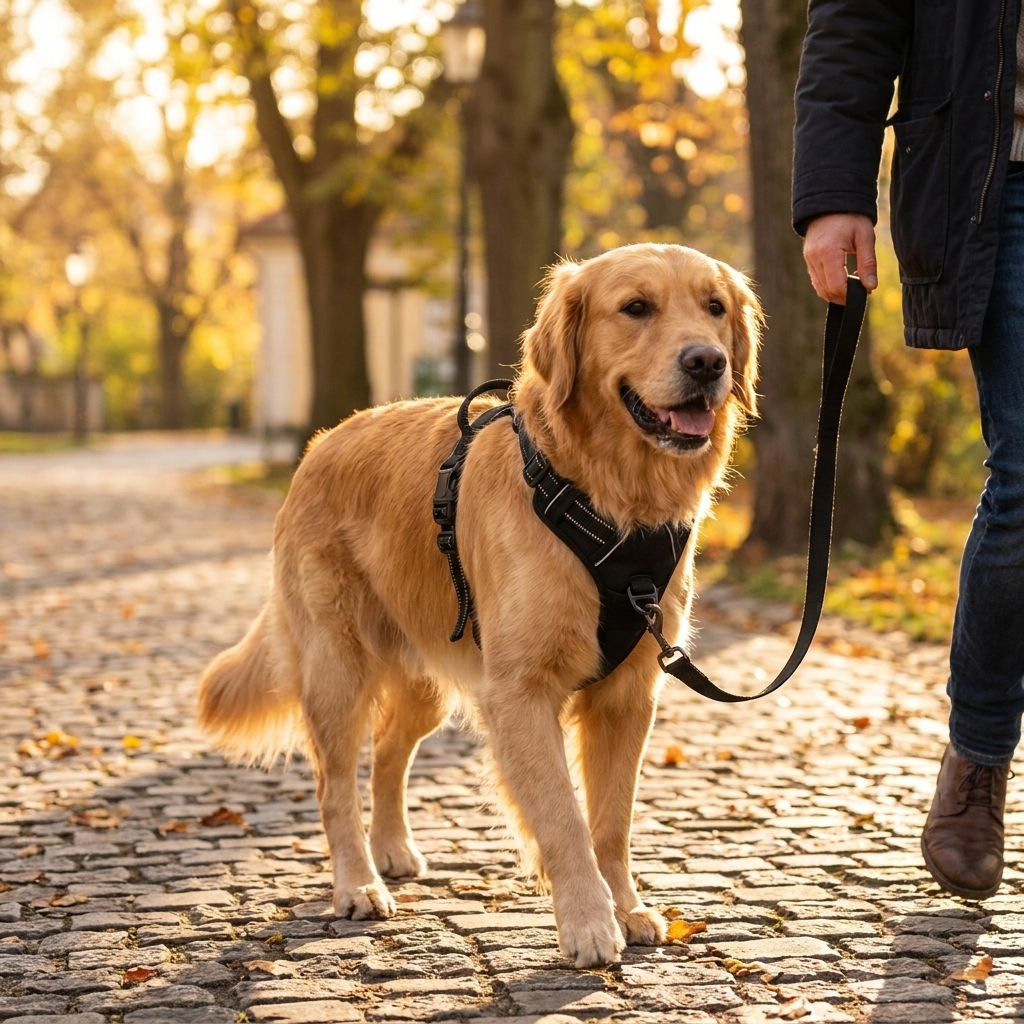 Dog walking calmly on loose leash wearing PawHaven ProWalk no-pull harness