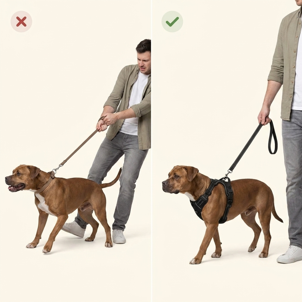 Before and after: pulling on back-clip vs calm walking with front-clip harness